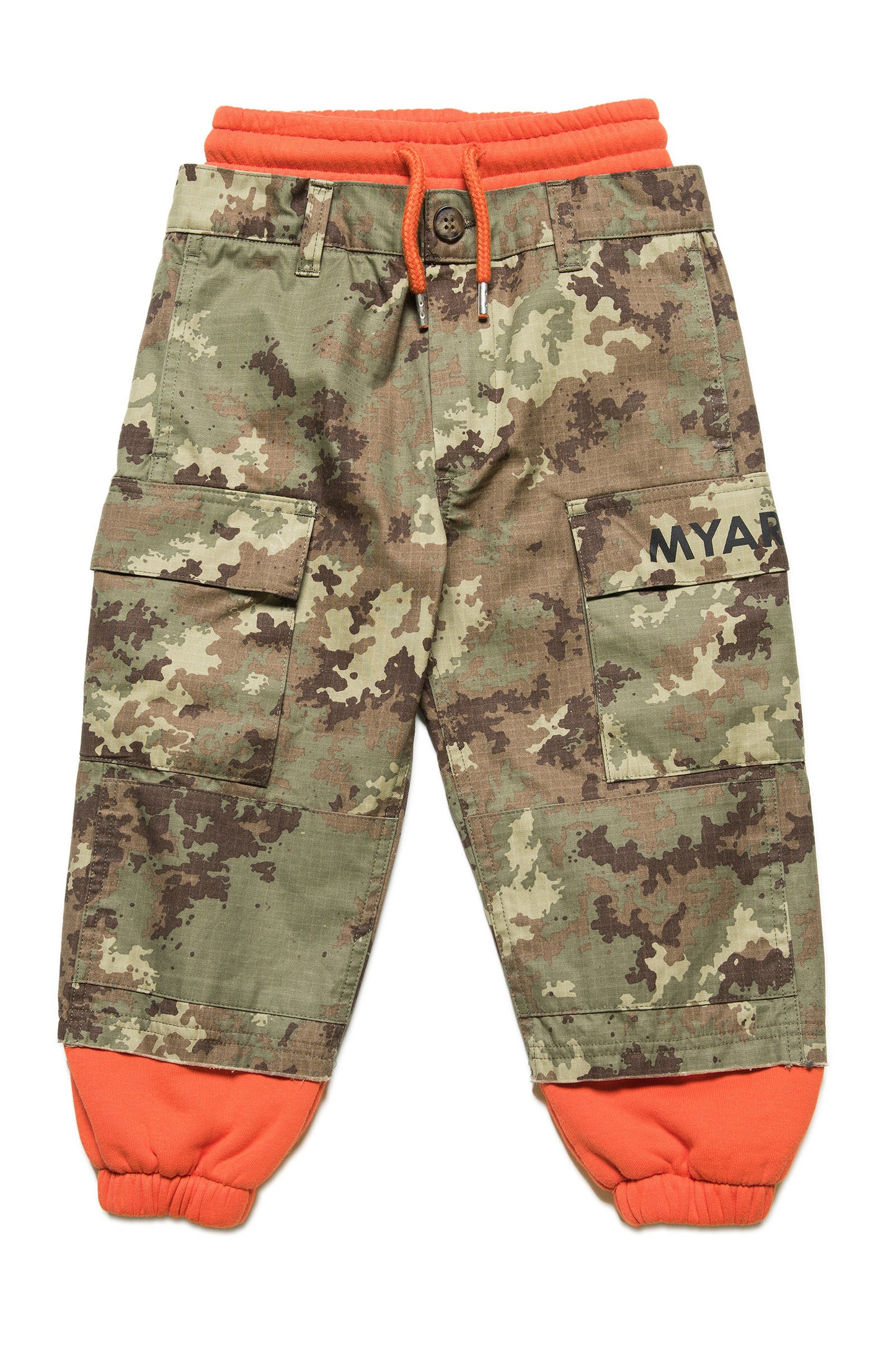 Orange fleece and camouflage fabric pants